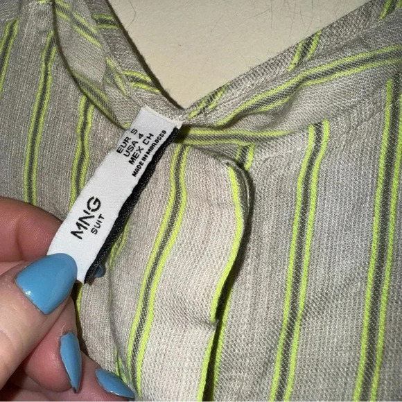 Women’s Mango  Brand Lime Green Grey Striped Hidden Buttons Tank Blouse Size 4 - Picture 6 of 11
